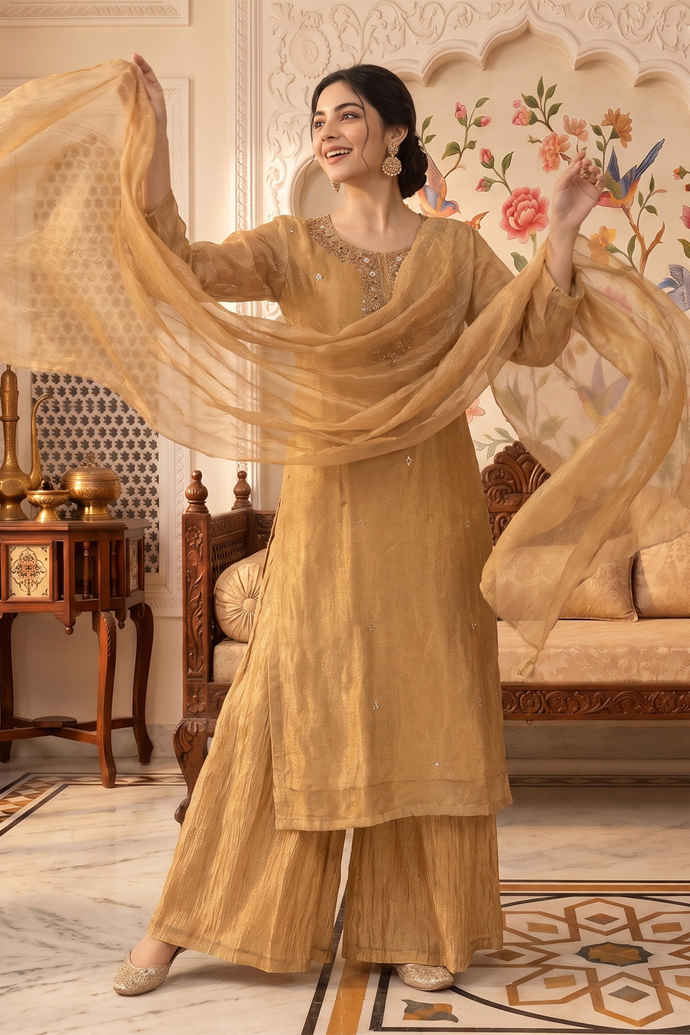 Fawn Metallic Tissue Neck-Embroidered Suit