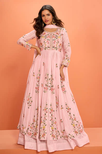 Baby Pink Crepe Silk Embroidered Anarkali Suit With Skirt