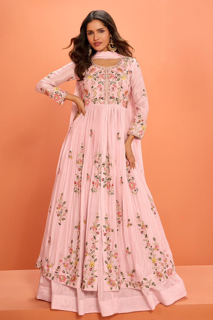 Baby Pink Crepe Silk Embroidered Anarkali Suit With Skirt