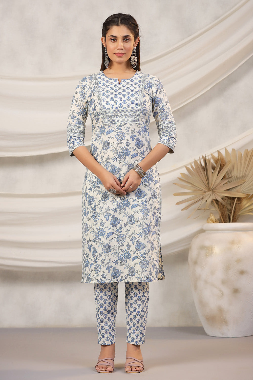 Cream & Blue Color Floral Printed Cotton Straight Suit