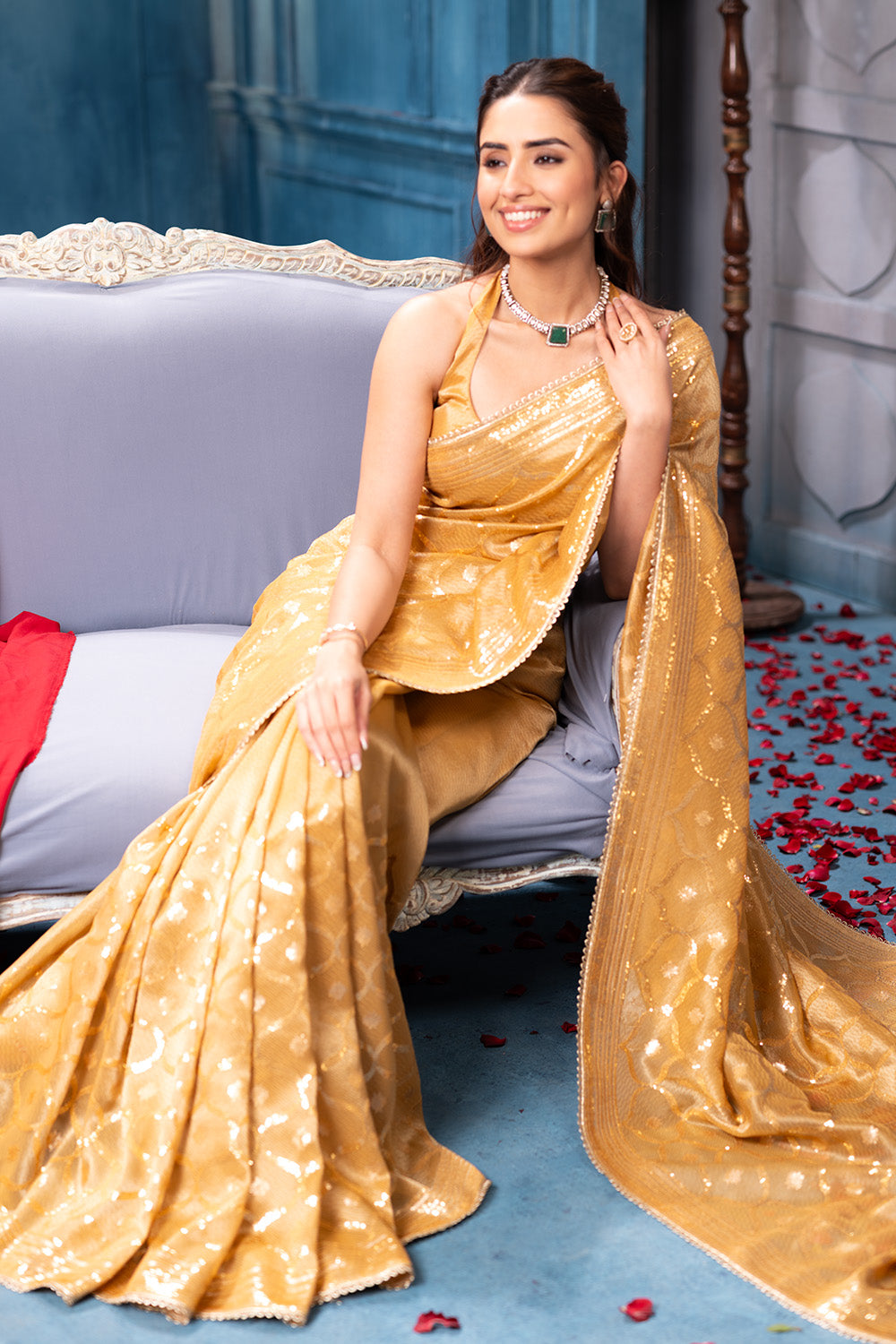 Goldern Sequins and Resham Embroidered Matelic Tissue Saree