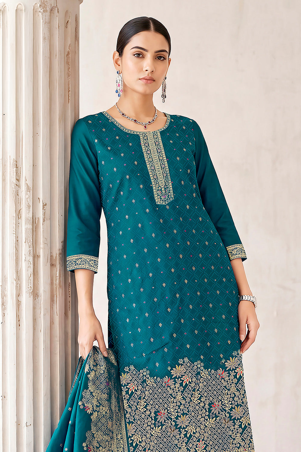 Teal Pashmina Zari Woven Unstitched Suit Material