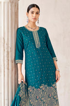 Teal Pashmina Zari Woven Unstitched Suit Material