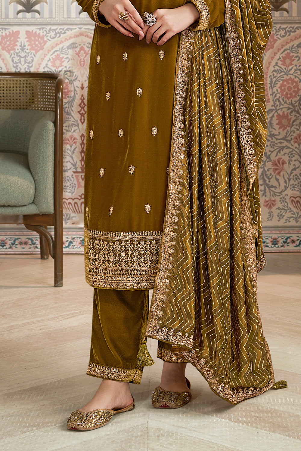 Sage Green Velvet Sequins and Zari Embroidered Unstitched Suit Fabric