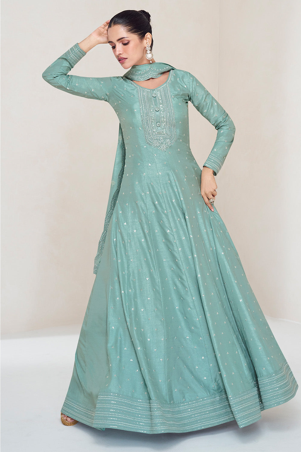 Summer Green Color Silk Embroidered Anarkali Kurti