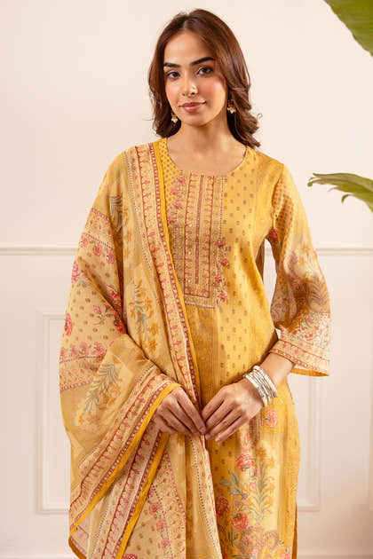 Mustard Chanderi Silk Printed Straight Suit