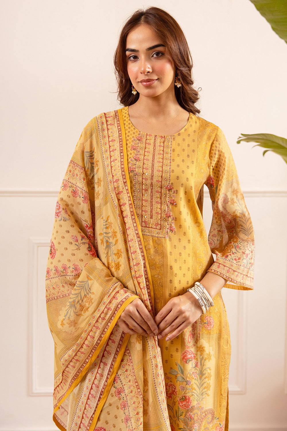 Mustard Chanderi Silk Printed Straight Suit