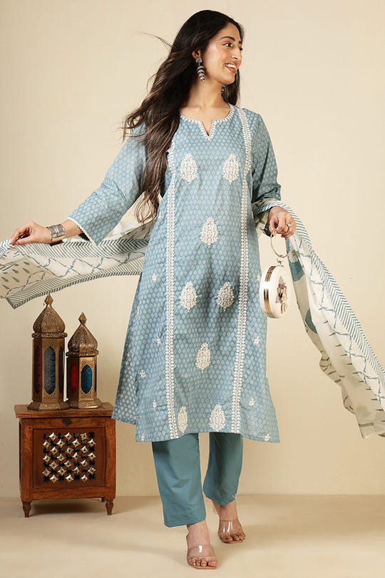 Blue Cotton Emboridered And Printed Suit Set