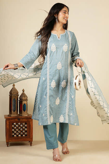 Blue Cotton Emboridered And Printed Suit Set