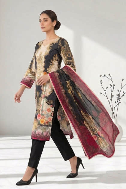 Black Chanderi Silk Printed Straight Suit