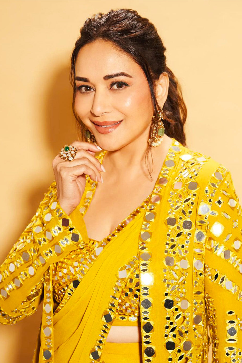 Mustard Color Georgette Mirror Embroidered Saree With Shrug