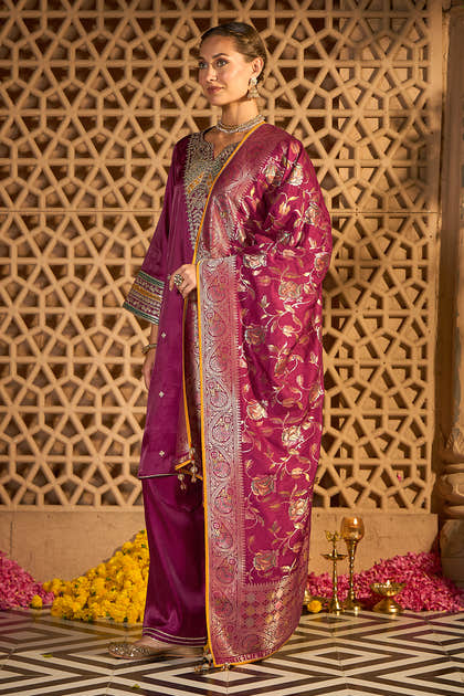 Wine Silk Embroidered Unstitched Suit Material With Banarsi Dupatta