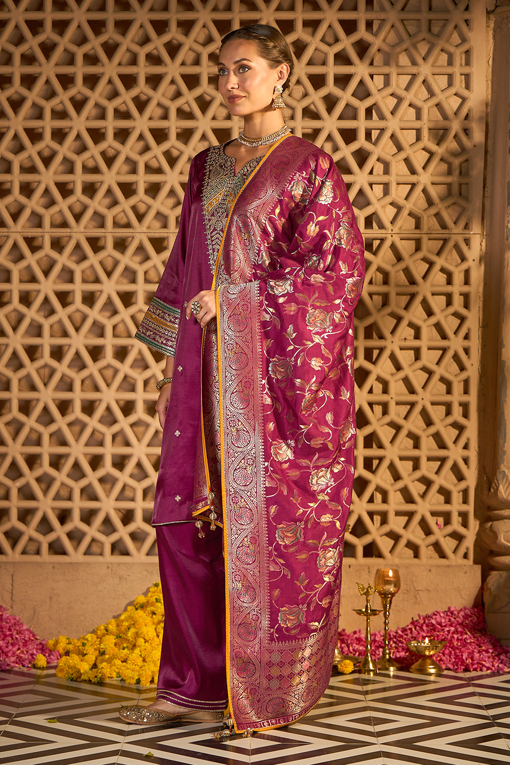 Wine Silk Embroidered Unstitched Suit Material With Banarsi Dupatta