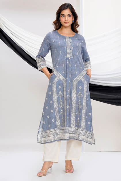 Grey Cotton Printed Suit Set