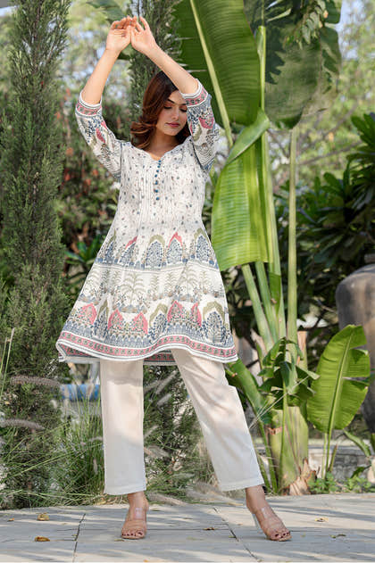 Cream Floral Printed Cotton Kurta Set