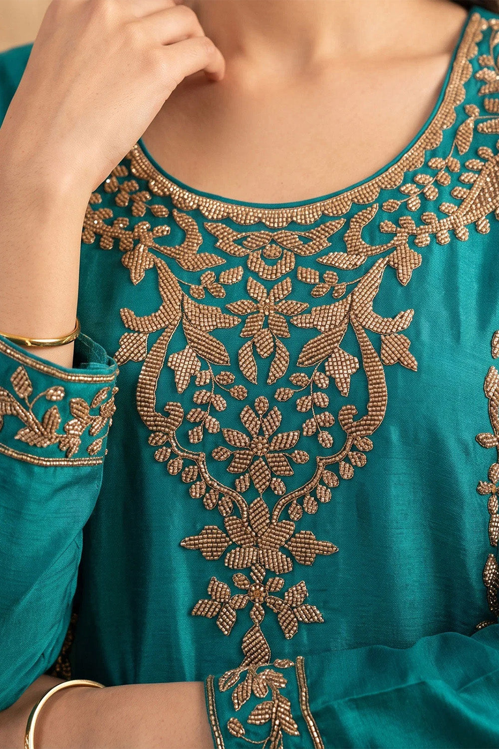 Teal Crepe Silk Cut-Dana Embroidered Suit With Embroidered Palazzo