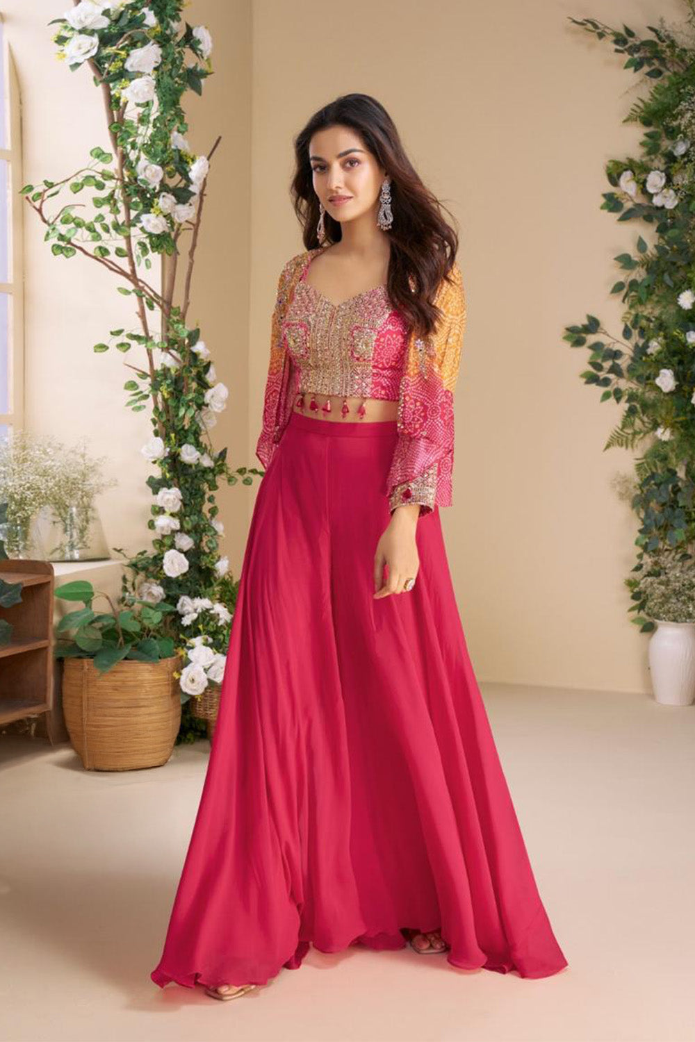 Magenta Pink Silk Bandhani Printed & Zari Embroidered Palazzo Set With Jacket