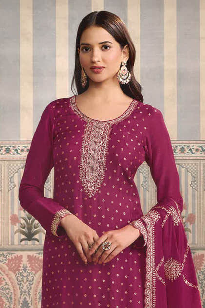 Orchid Color Silk Embroidered Unstitched Suit Fabric