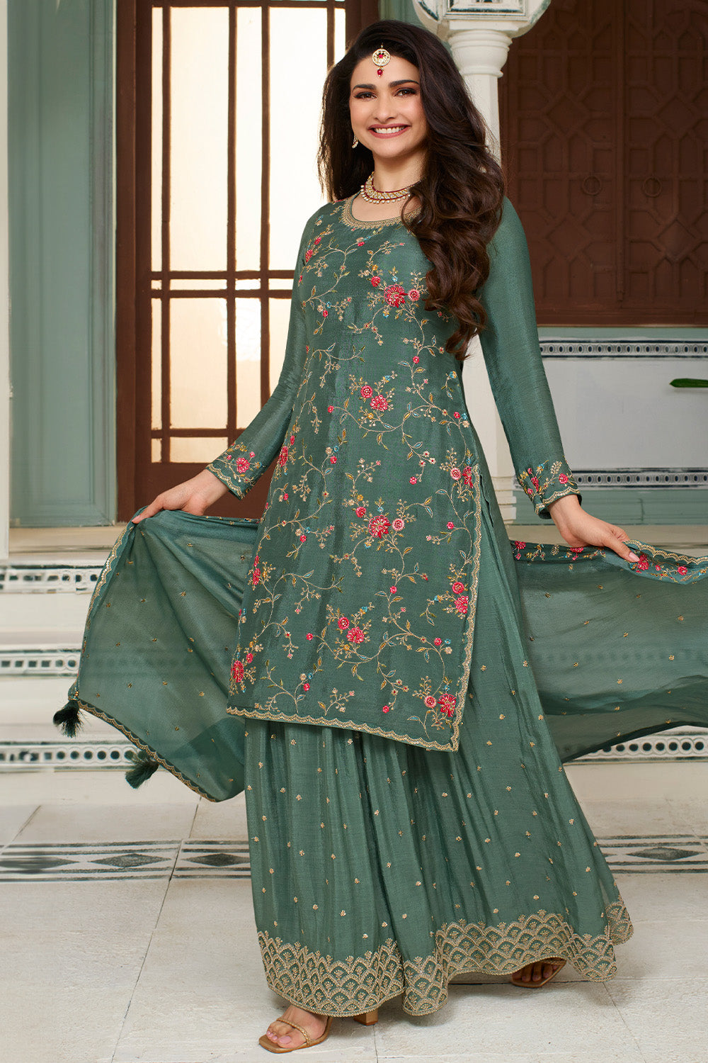 Teal Color Embroidered Crepe Unstitched Suit Material With Stitched Sharara