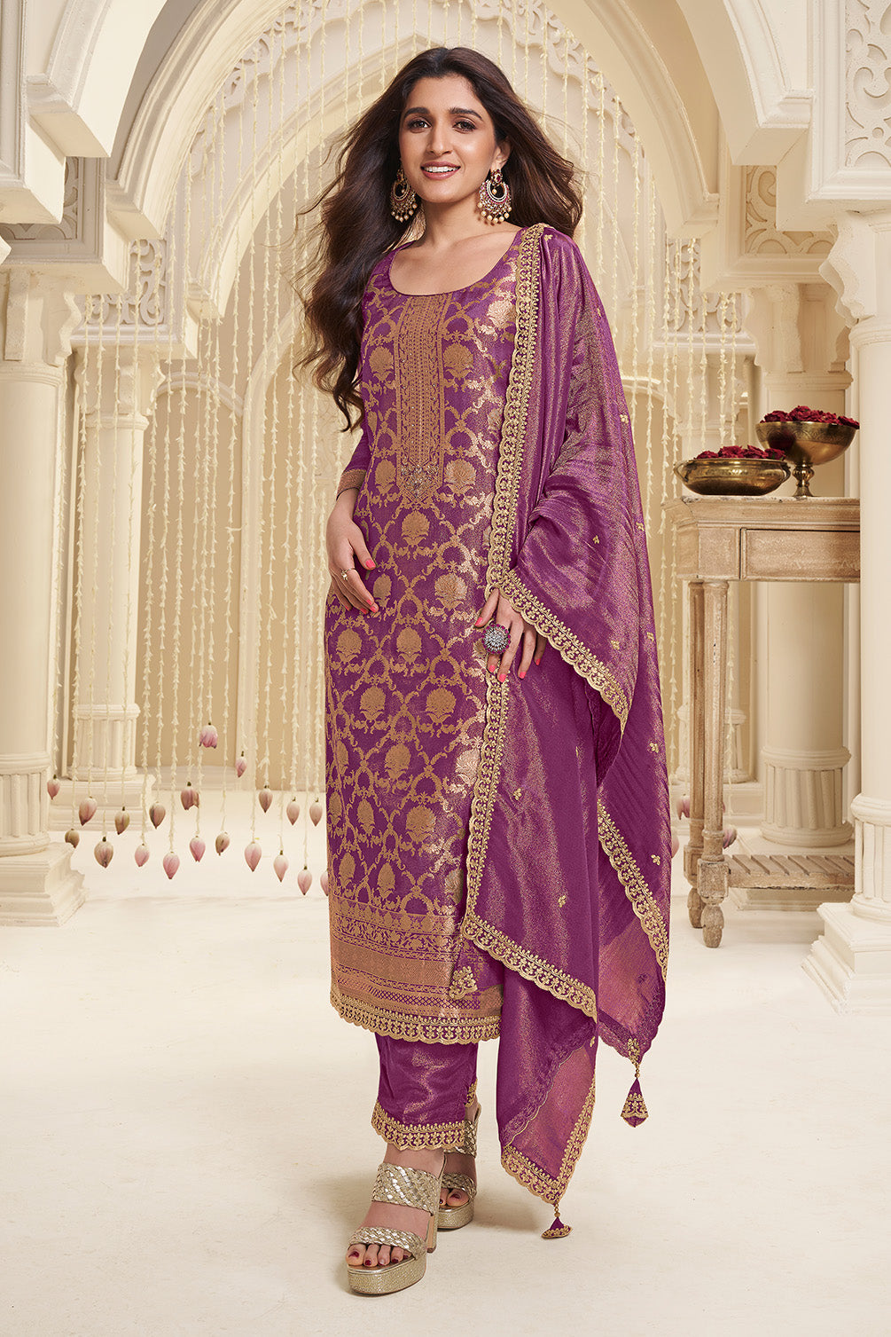 Magenta Zari Floral Woven Silk Suit Set