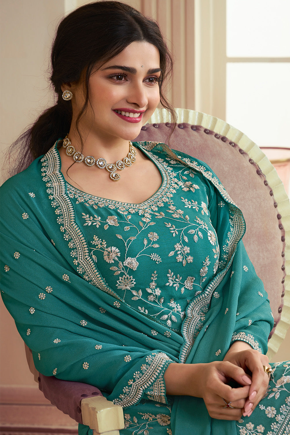 Teal Color Embroidered Georgette Unstitched Suit Material With Stitched Sharara