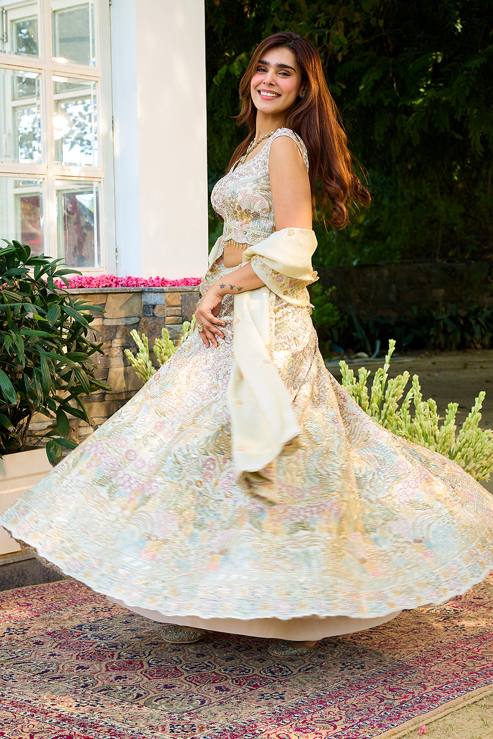 Cream SIlk Embroidered Lehanga