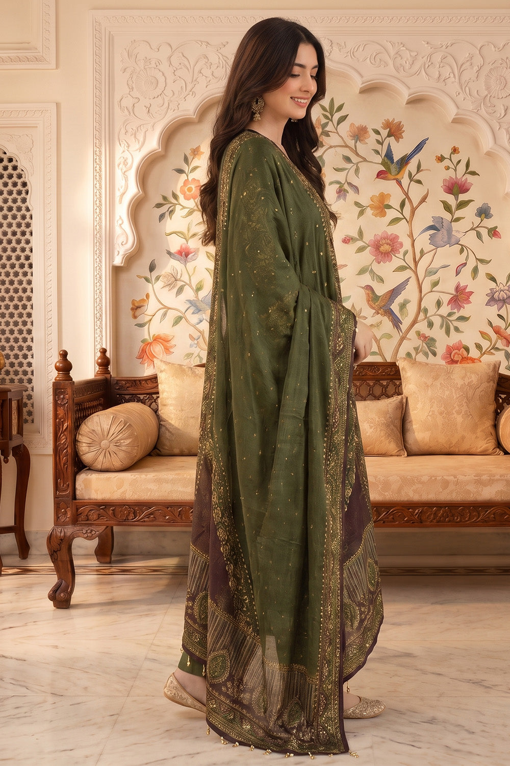 Green Crepe Silk Printed and Pitta Handwork Suit