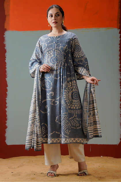 Grey Cotton Floral Printed Suit Set