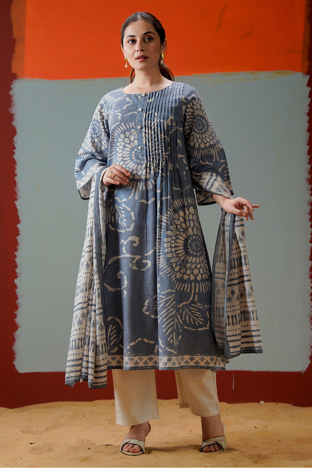 Grey Cotton Floral Printed Suit Set