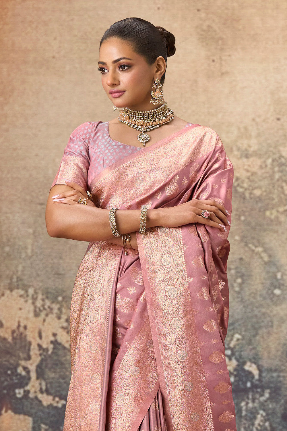 Dusty Pink Woven Katan Silk Banarasi Saree