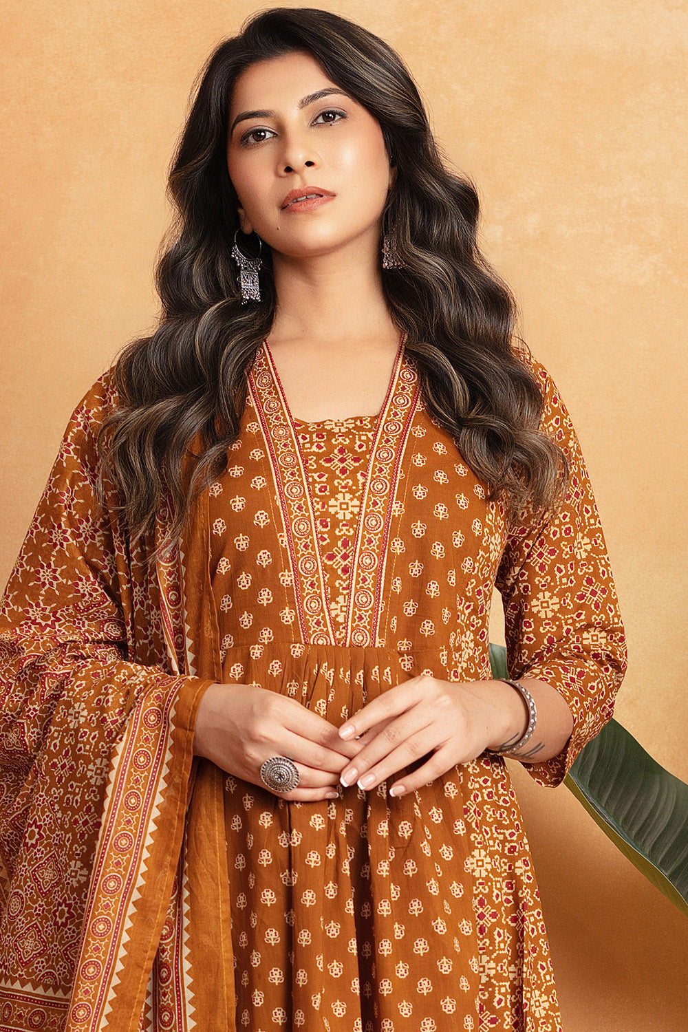 Mustard Ajrakh Printed Cotton Anarkali Suit