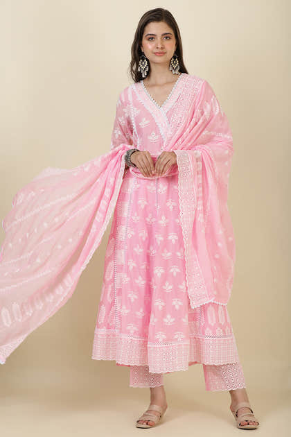 Pink Cotton Resham Embroidered and Lace Work Anarkali Suit