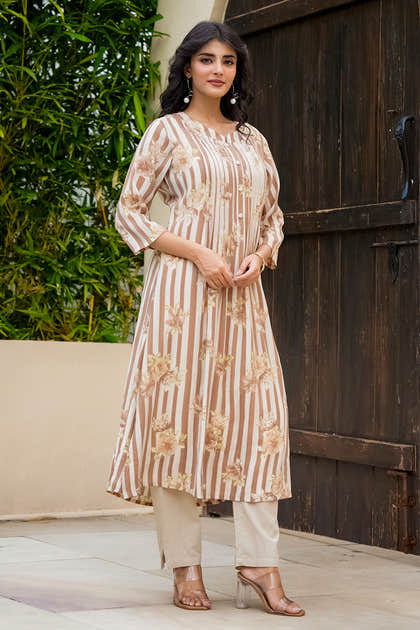 Light Brown Muslin Floral Printed Kurta Set