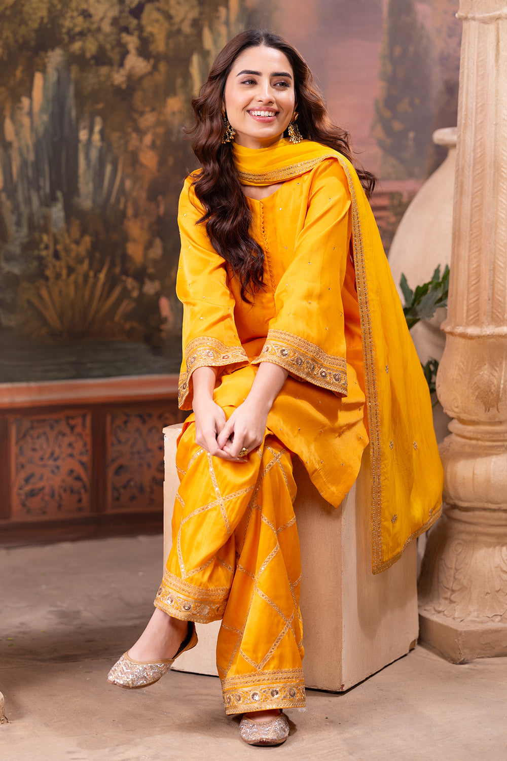Mustard Zari And Sequins Embroidered Suits With Embroidered Pallazo
