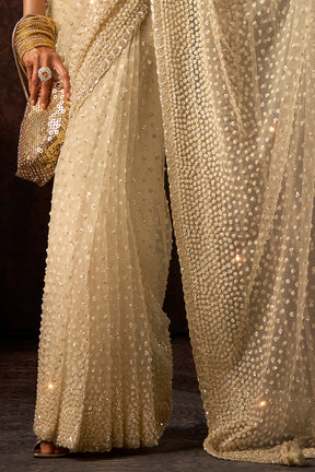 Cream Net Sequins & Cut-Dana Embroidered Saree with Readymade Blouse