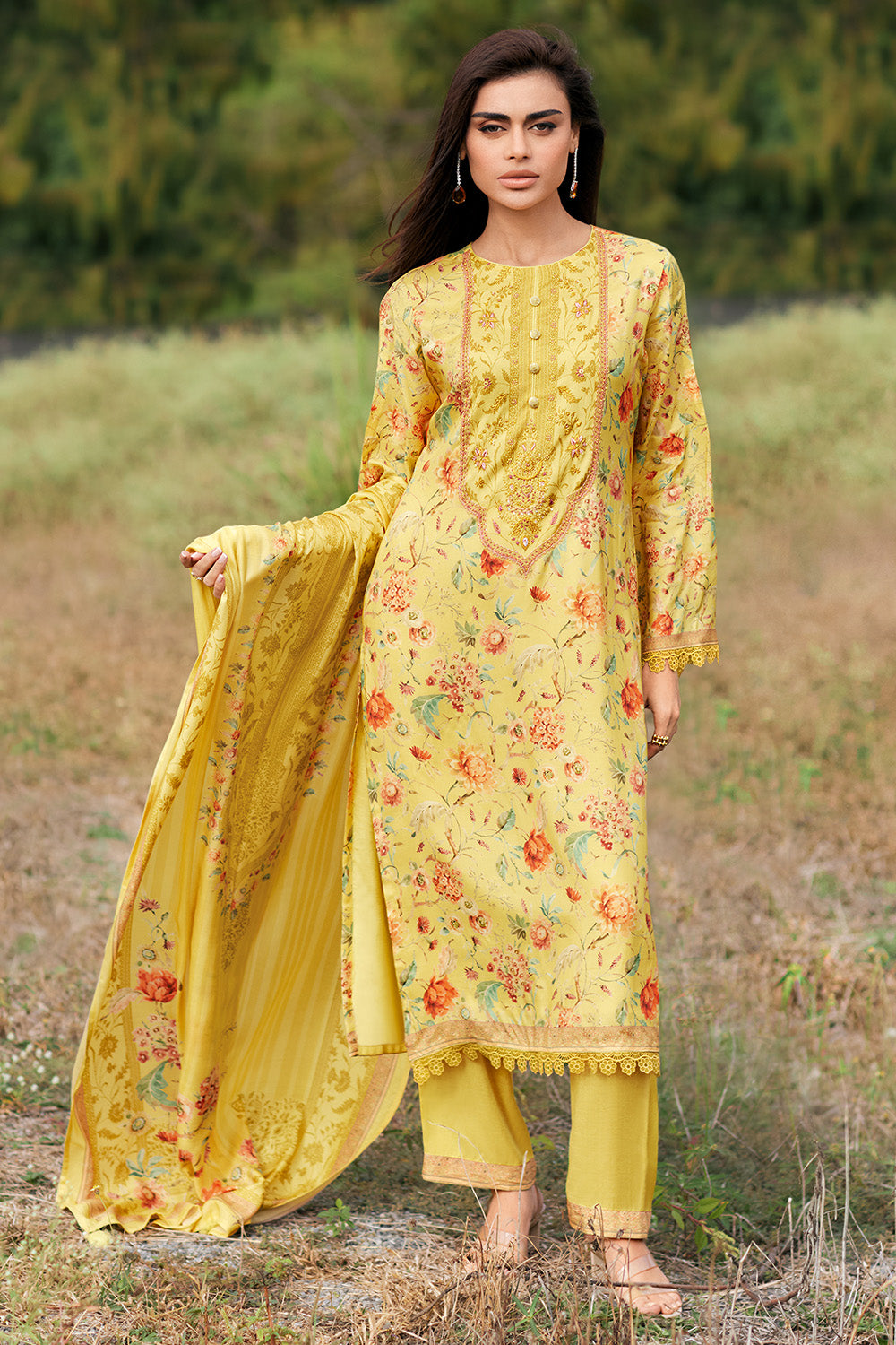 Pale Yellow Color Crepe Silk Floral Printed Unstitched Suit Fabric