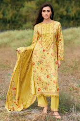Pale Yellow Color Crepe Silk Floral Printed Unstitched Suit Fabric