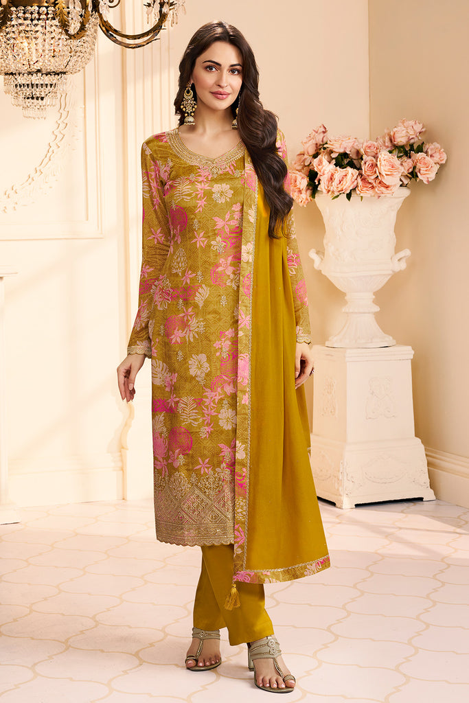 Mustard Chinone Silk Floral Printed And Embroidered Unstitched Suit Fabric