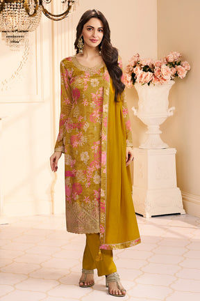 Mustard Chinone Silk Floral Printed And Embroidered Unstitched Suit Fabric