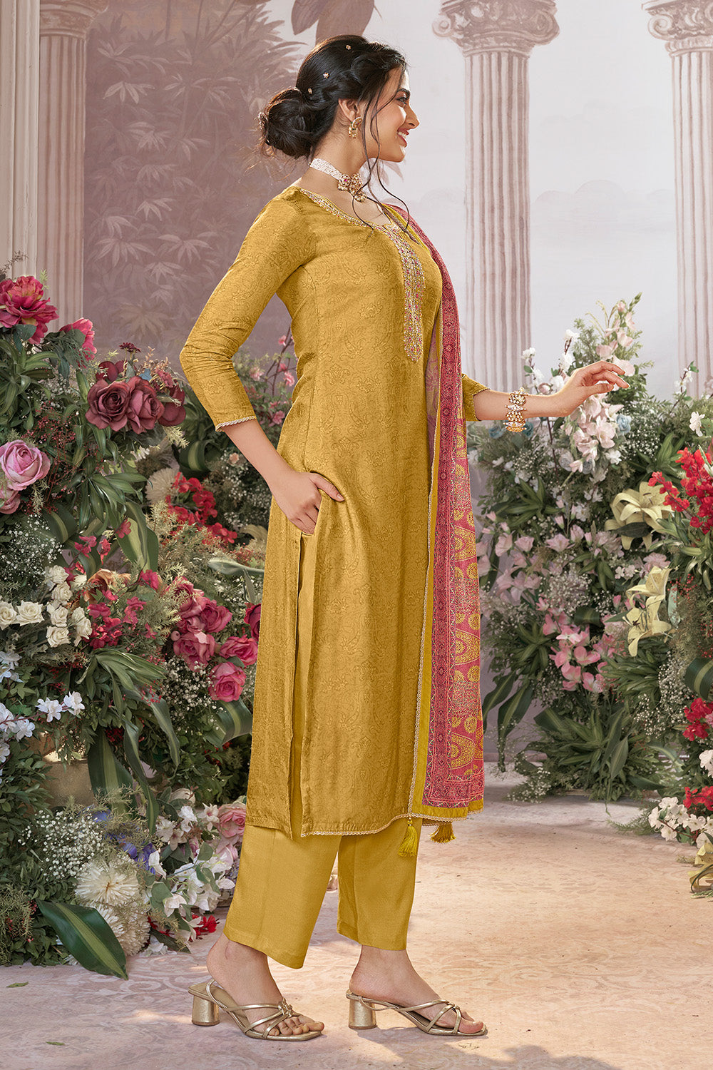 Mustard Neck-Embroidered And Printed Suit Set