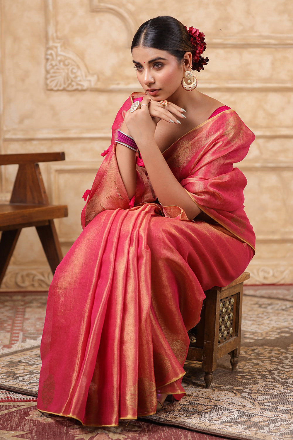Fuchsia Pink Color Organza Cotton Golden Zari Woven Saree