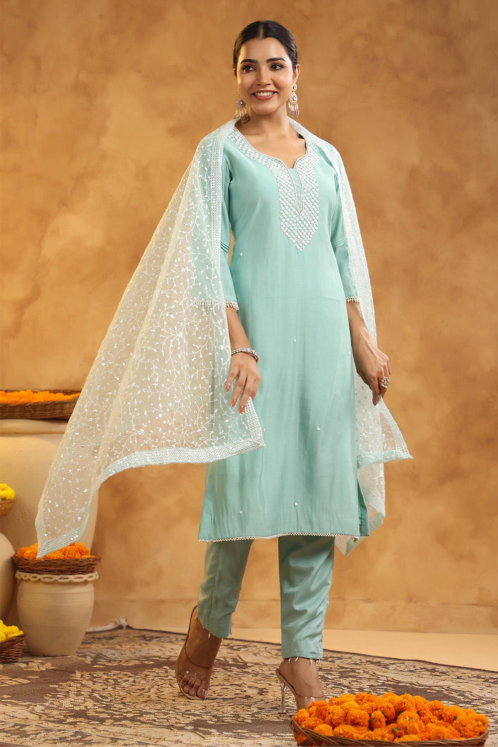 Powder Blue Color Cotton Neck Embroidered Unstitched Suit Fabric