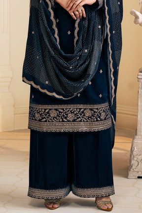 Navy Velvet Zari and Sequins Embroidered Unstitched Suit Fabric