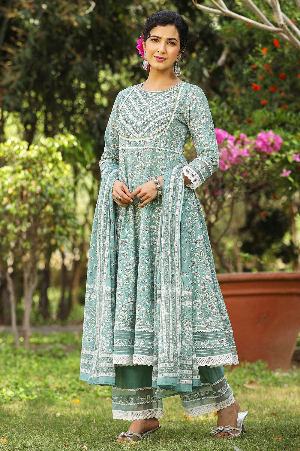 Mint Green Color Cotton Floral Printed Anarkali Suit Set