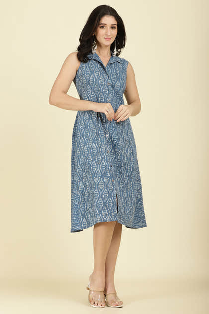 Indigo Cotton Block Printed Peonies Dress