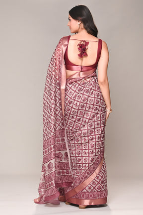 Cream & Rust Color Cotton Silk Printed Saree
