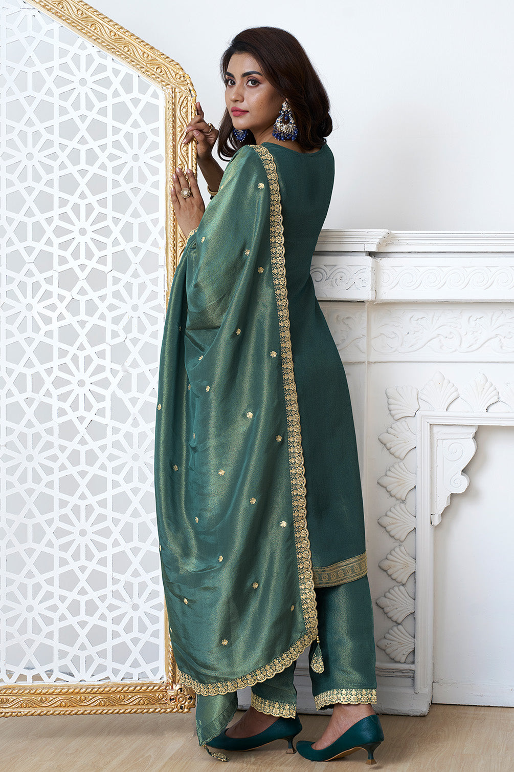 Teal Zari Floral Woven Silk Suit Set