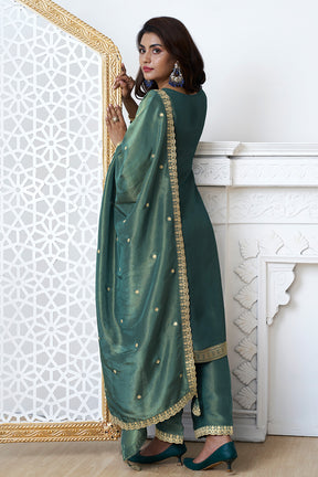 Teal Zari Floral Woven Silk Suit Set