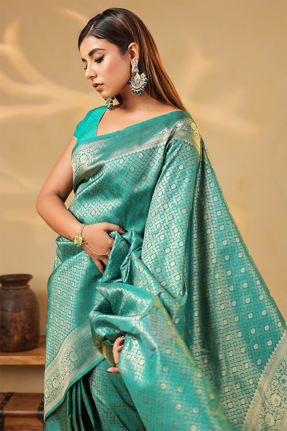 Teal Colour Silk Zari Woven Saree