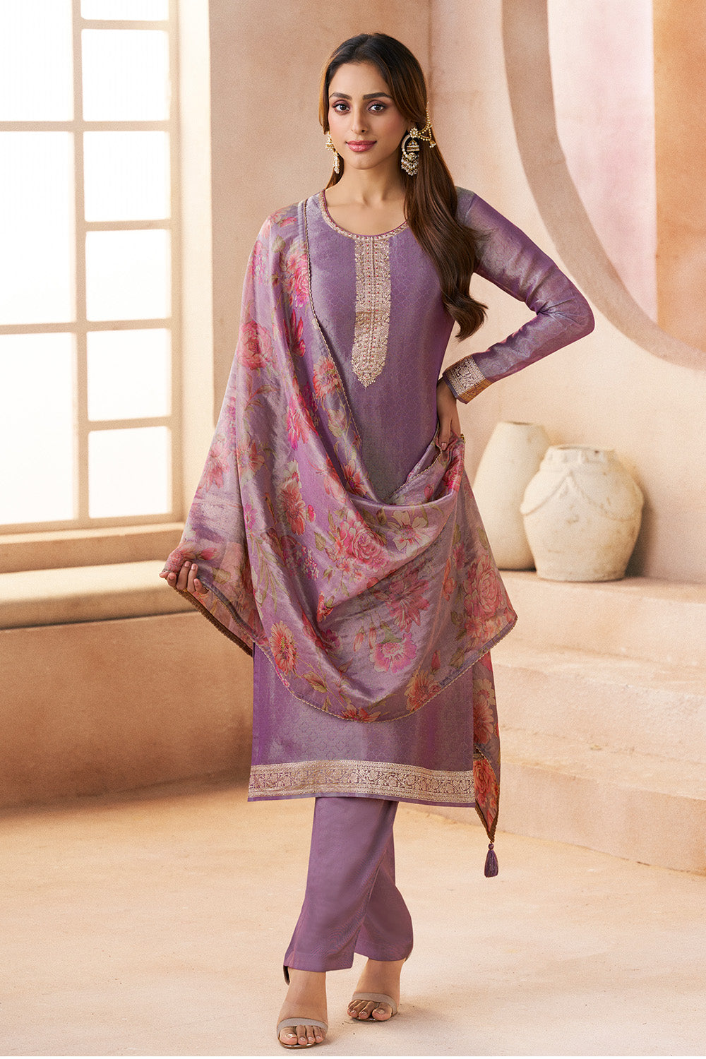 Lavender Metallic Tissue Zari Woven Unstitched Suit Material